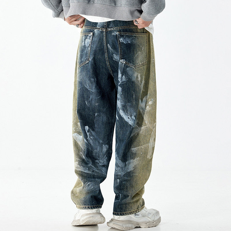 Color-blocking loose straight jeans pants