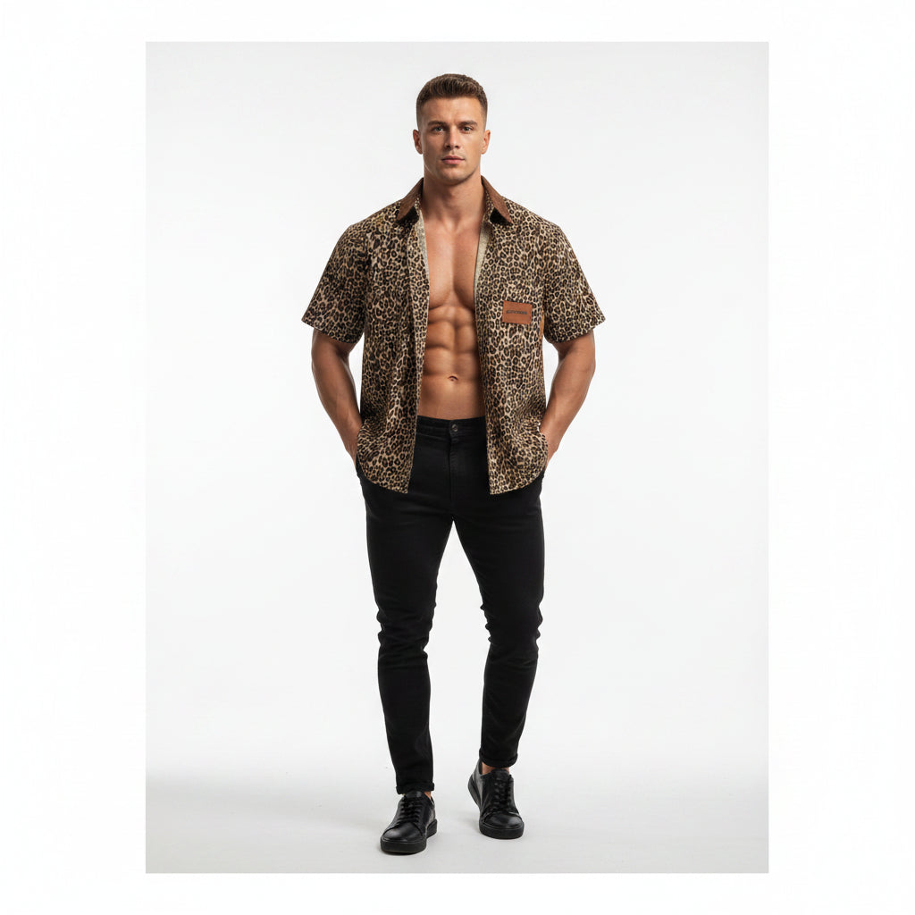 Corduroy Collar Leopard Print men Shirt Short Sleeve