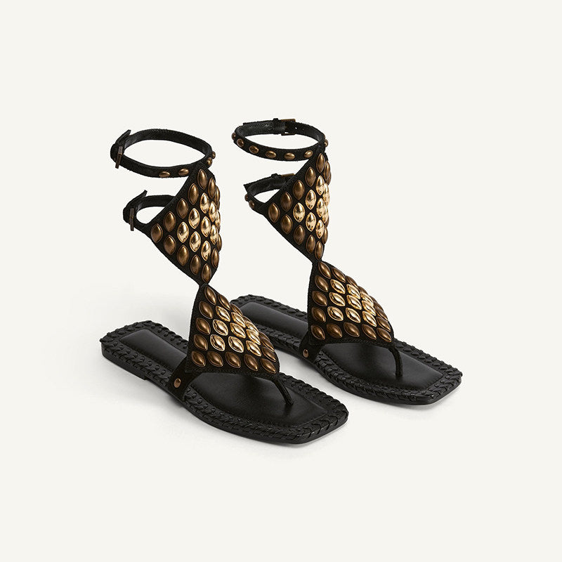 Straight Buckle Roman Sandals Women's Bohemian Stud Clip Flats
