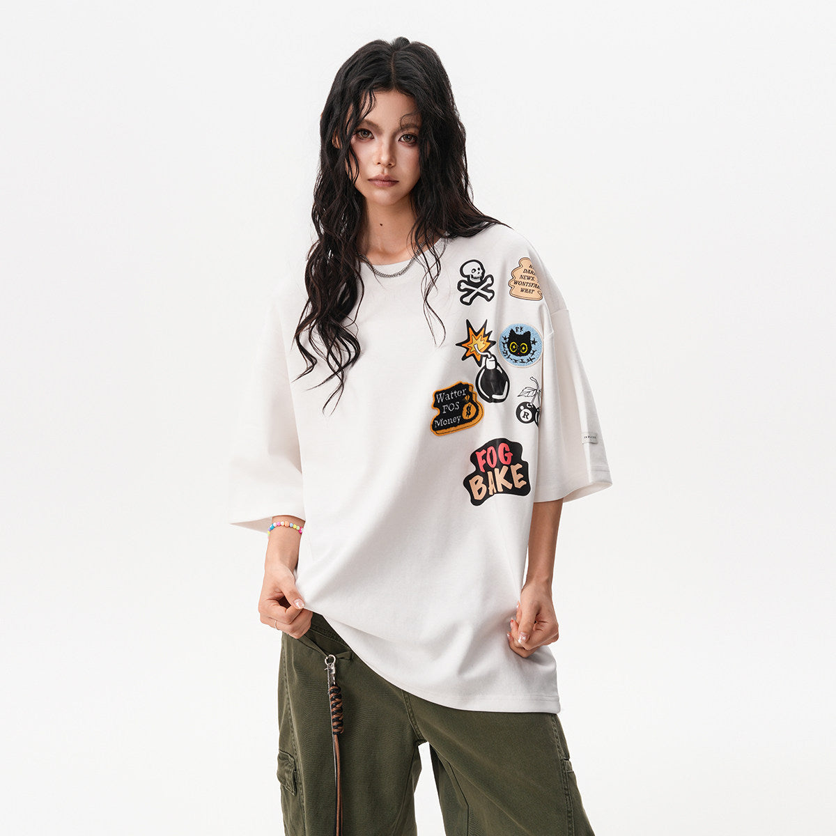 BWKA American trendy brand fun towel embroidered badge short sleeve T-shirt women's and men's summer oversize casual and versatile top