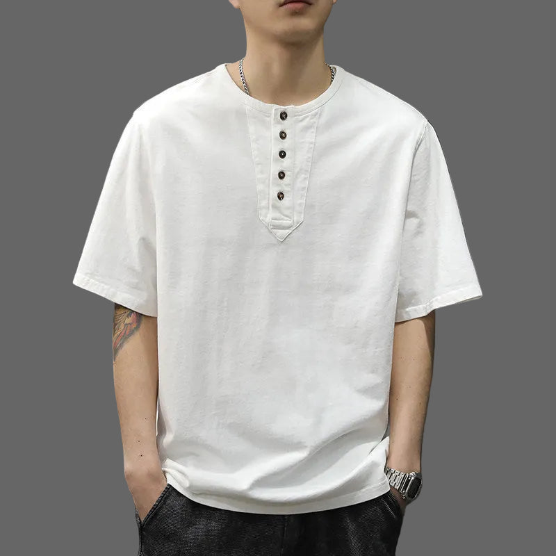 Men's Short Sleeve T-Shirt Pure Cotton Thin Henry Collar Shirt