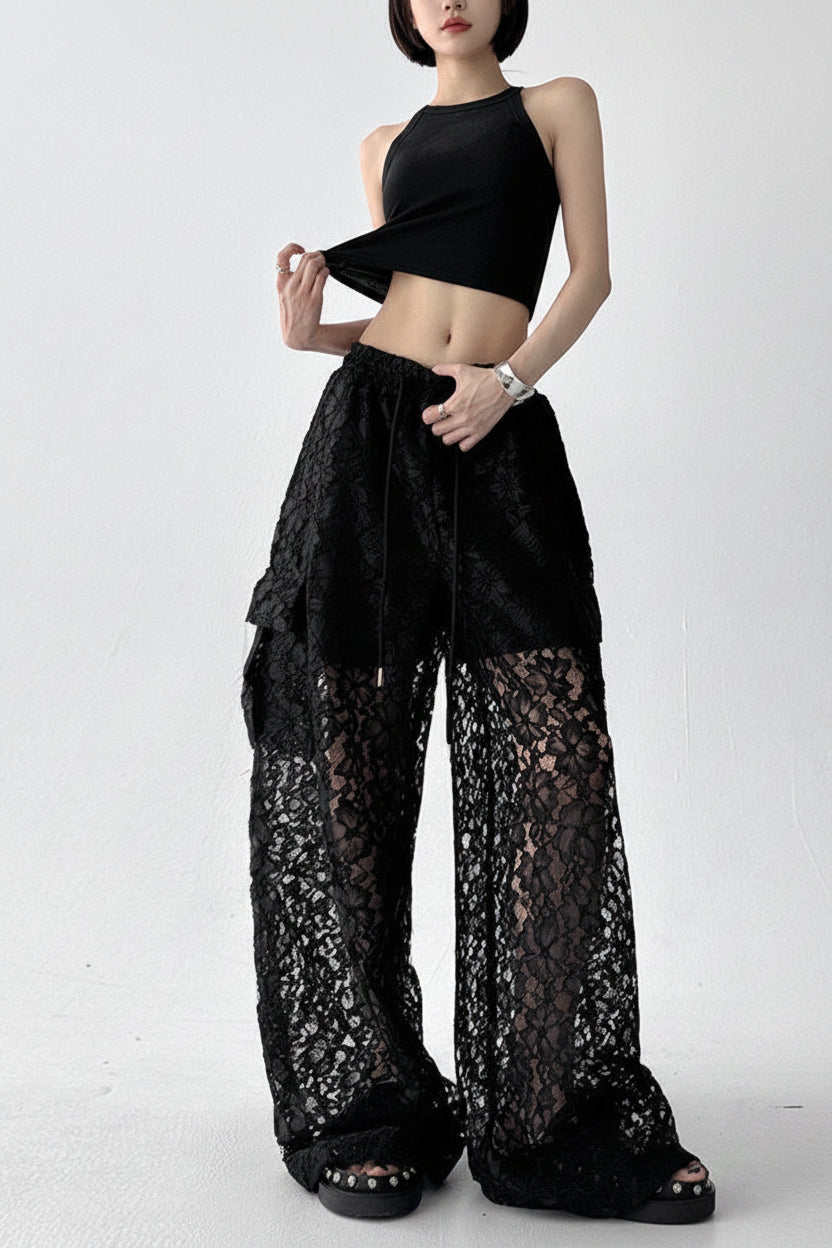 Black Slacks Women's Hollow Lace Straight Wide-leg Pants