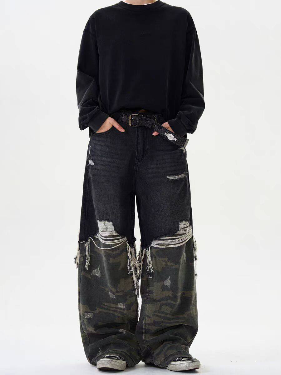 Jeans unisex loose camouflage stitching pants trousers