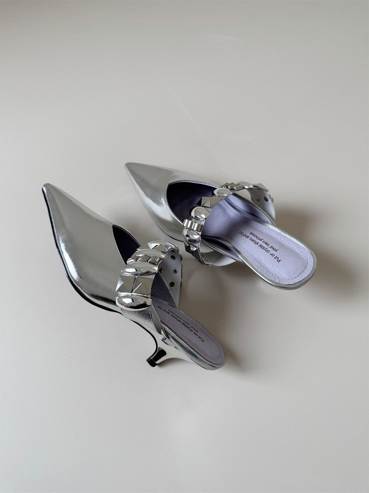 Leather thin heel wrap toe half slipper sandals women shoes