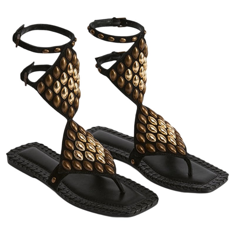 Straight Buckle Roman Sandals Women's Bohemian Stud Clip Flats
