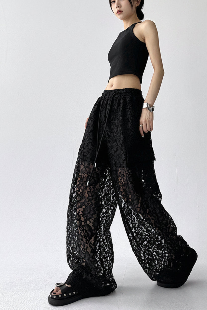 Black Slacks Women's Hollow Lace Straight Wide-leg Pants