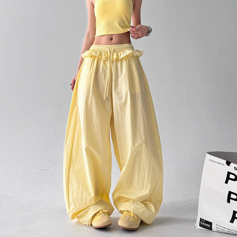 Ruffled drawstring lace-up wide-leg woman trousers