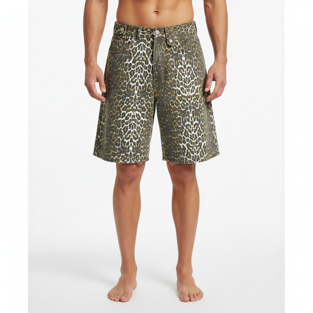 Silk Leap leopard print denim shorts cargo wide-legged
