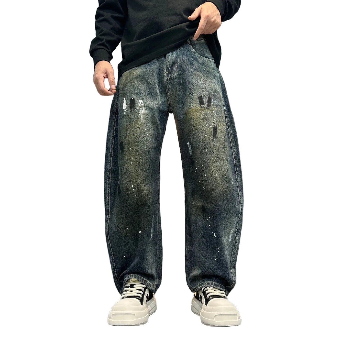 Distressed splashed ink jeans trousers