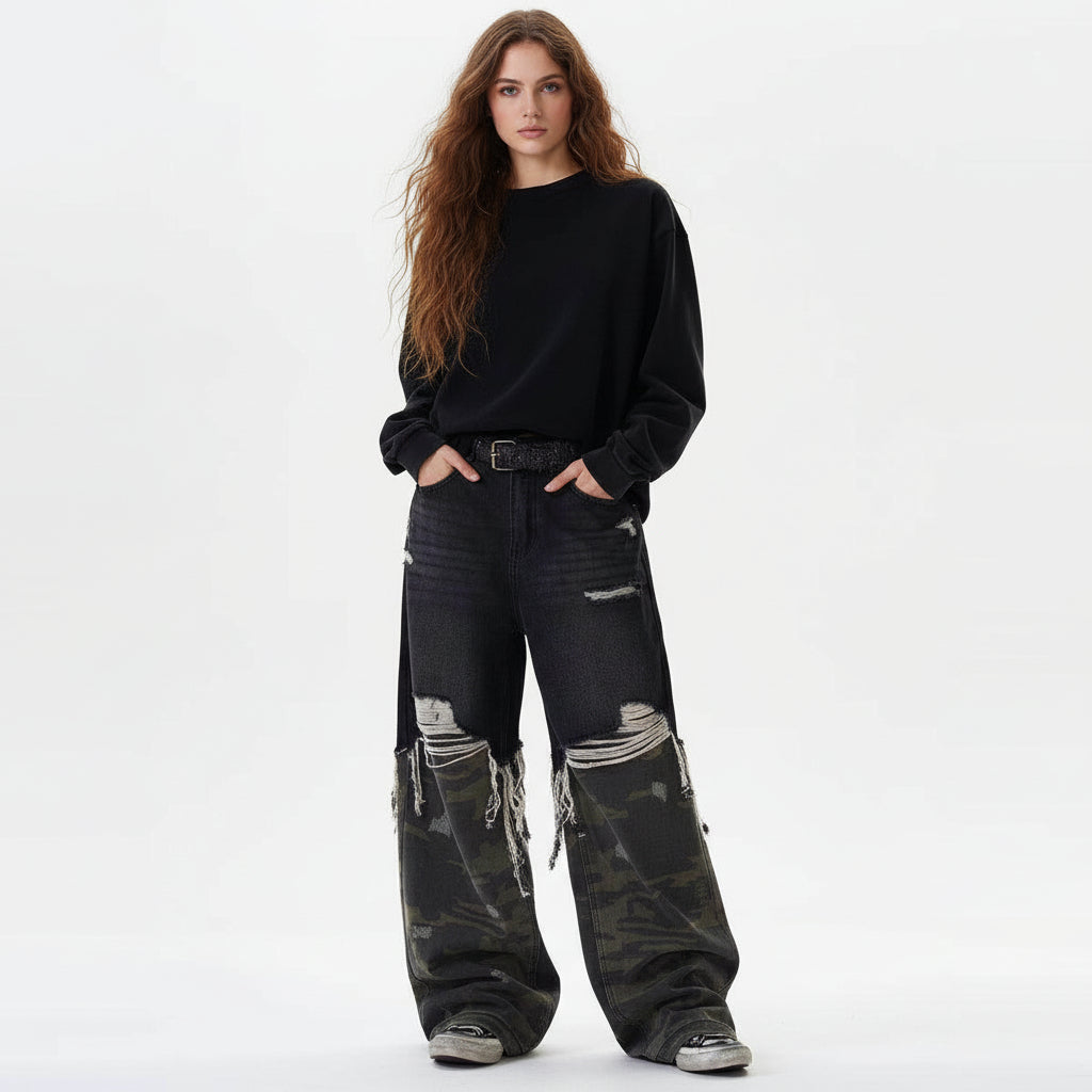 Jeans unisex loose camouflage stitching pants trousers