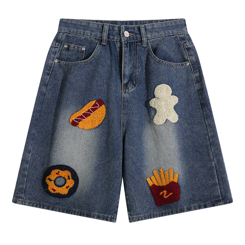 Embroidered denim shorts for men and women wide leg pants