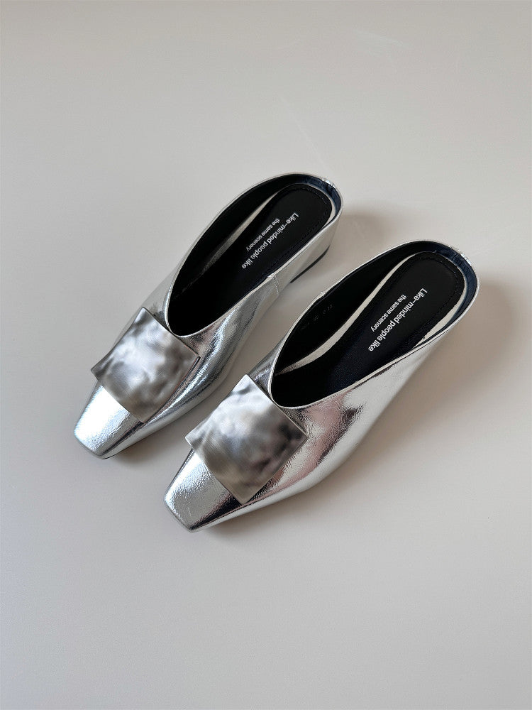 Silver square leather wedge heel half-slip sandals