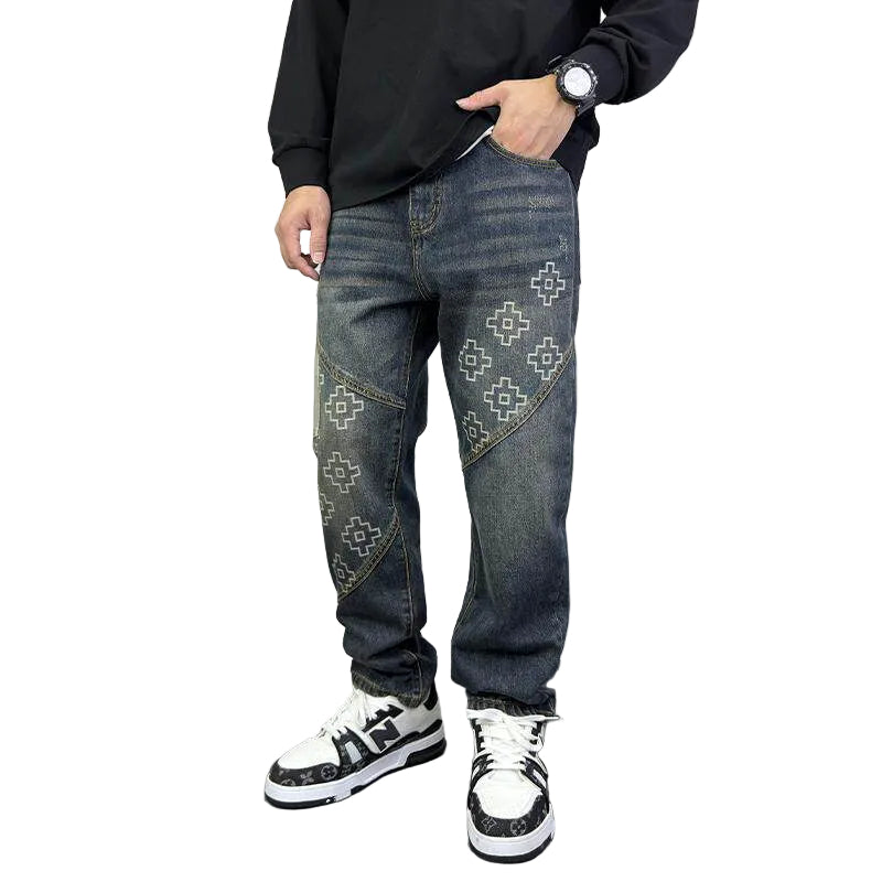 Printed stitched jeans