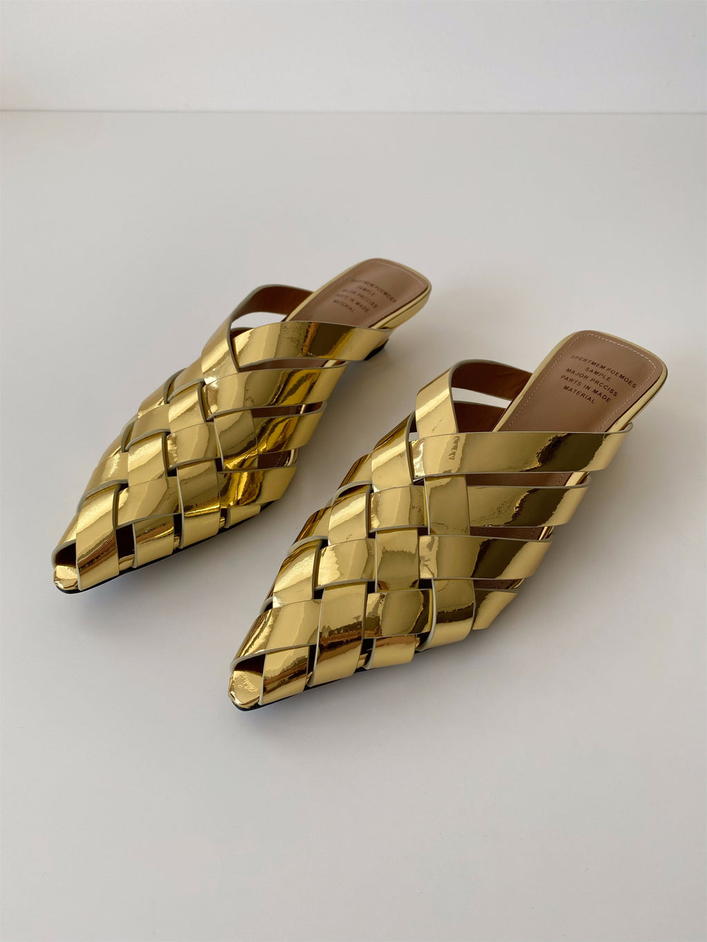 Soft silver gold pointed toe leather woven wedge slippers
