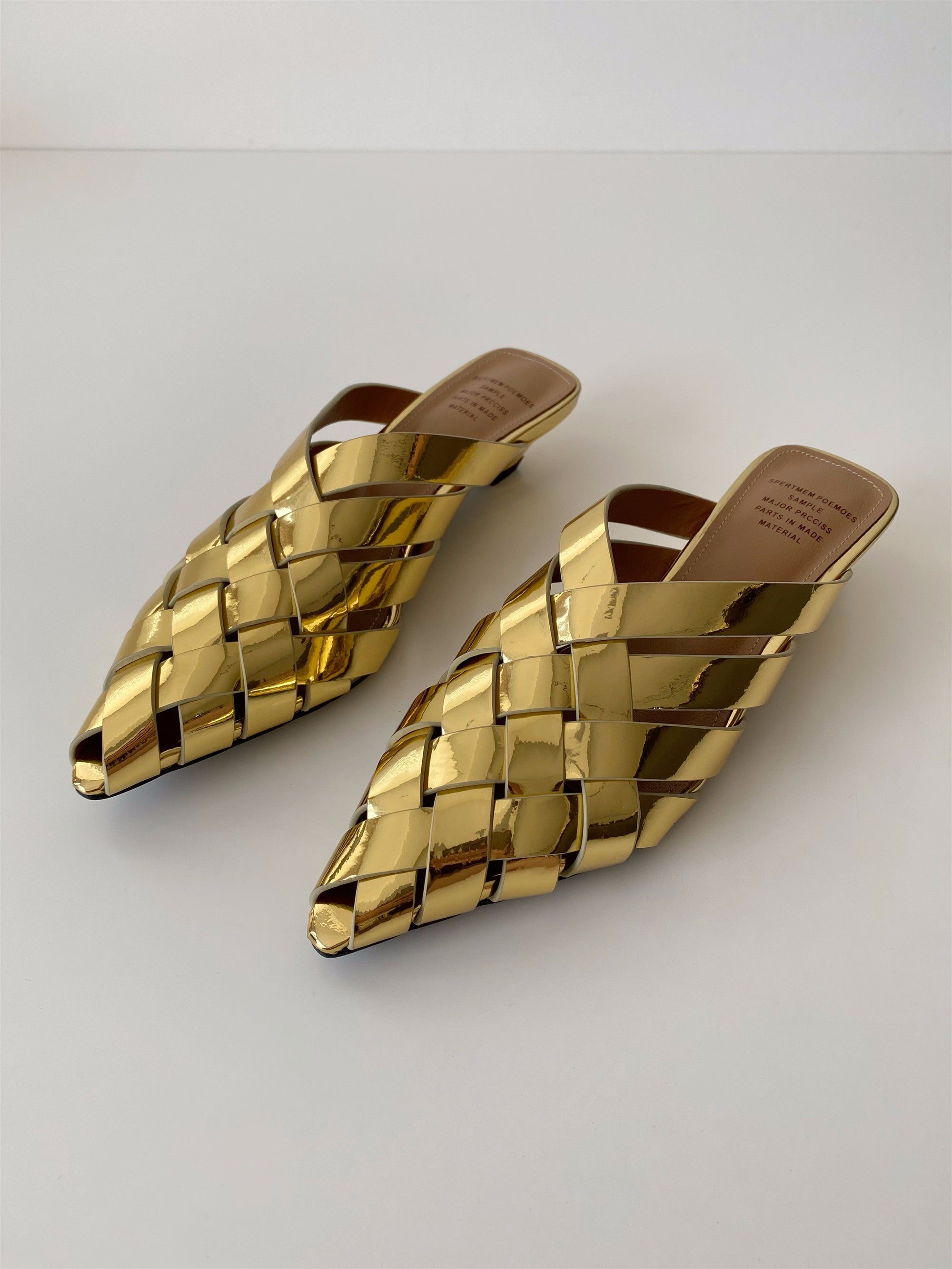 Soft silver gold pointed toe leather woven wedge slippers