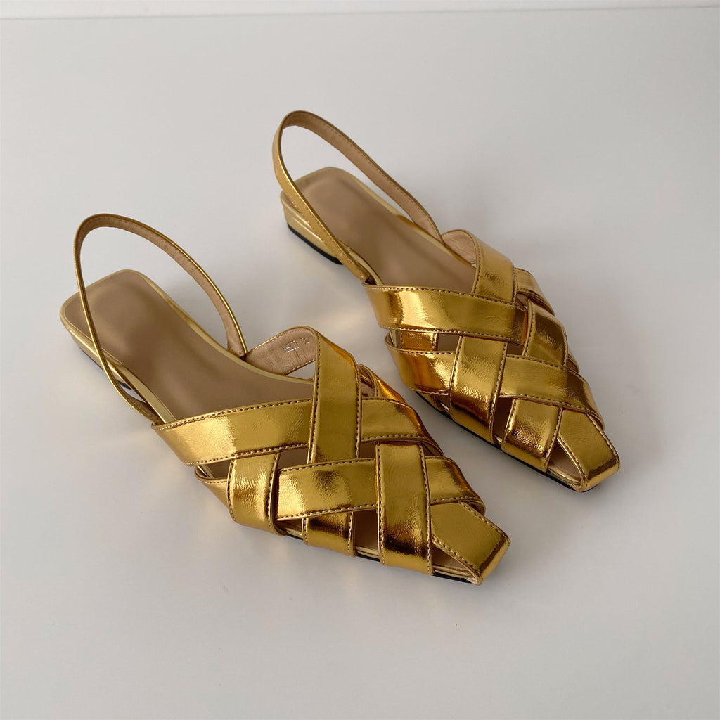 Woven gold low-heeled toe sandals flat shoe