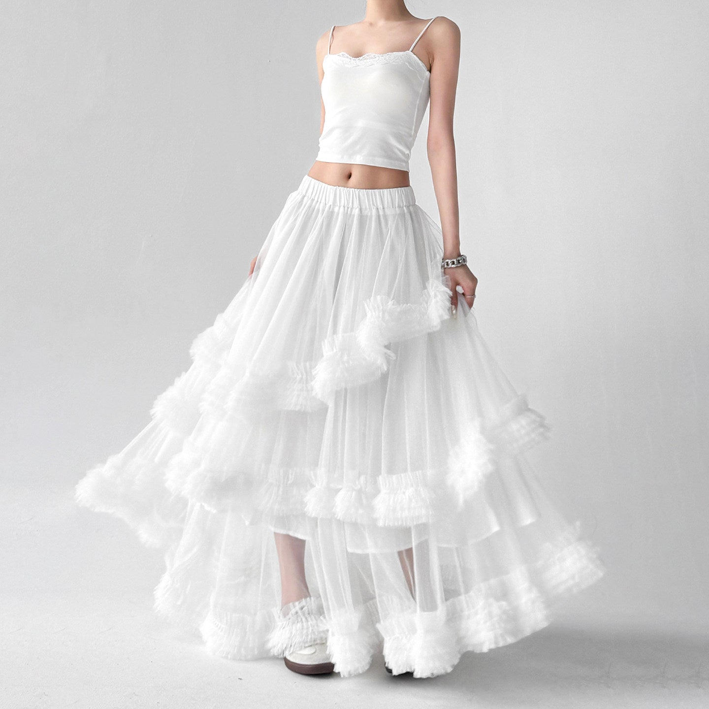 Mesh skirt female high waist multi-layered ruffled long skirt