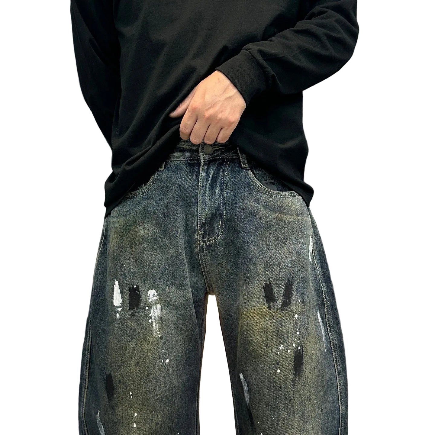 Distressed splashed ink jeans trousers