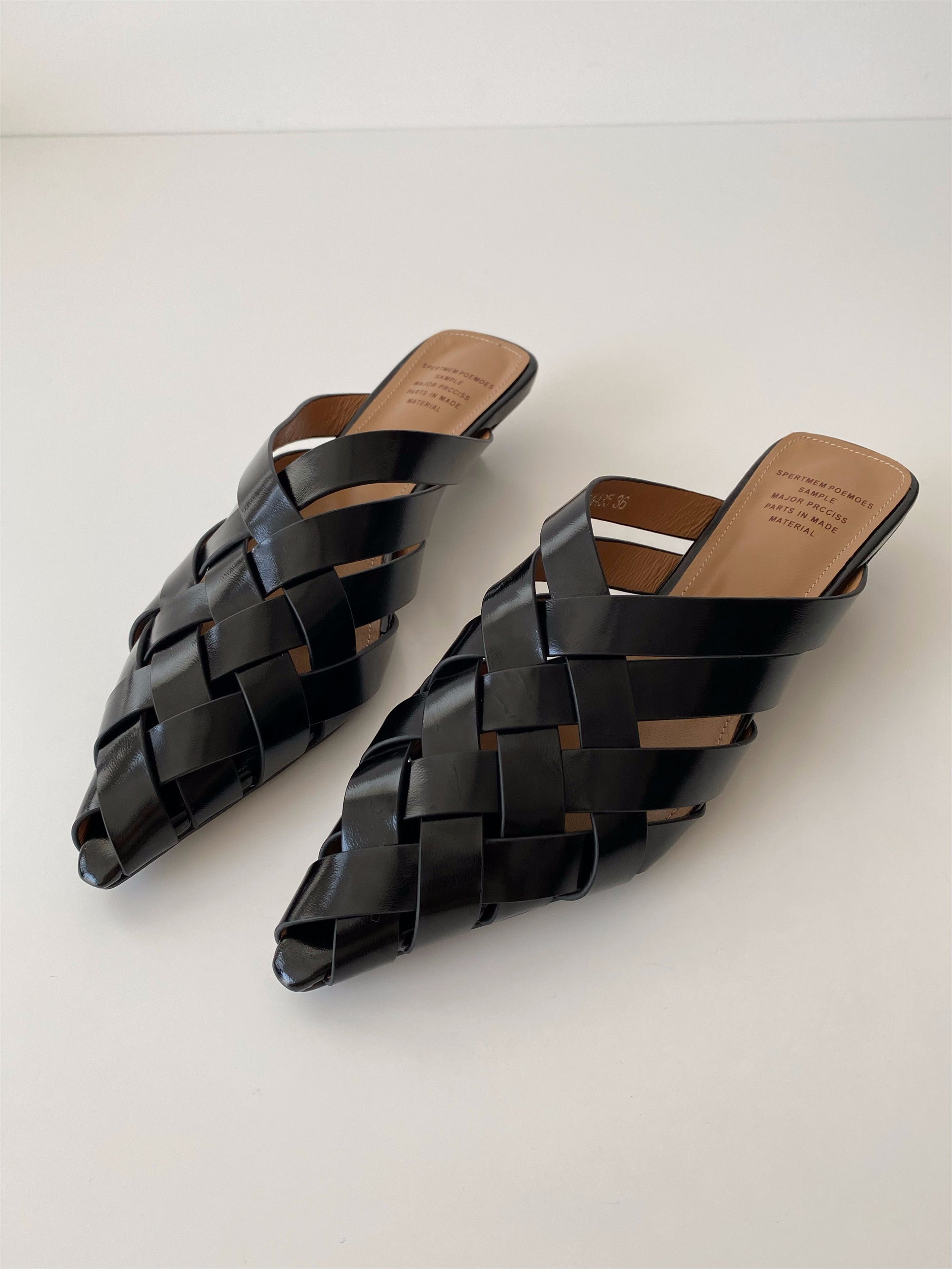 Soft silver gold pointed toe leather woven wedge slippers