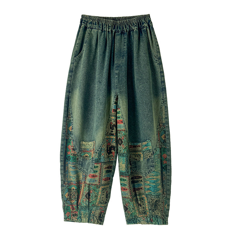 Elastic waist large size loose women cropped pants