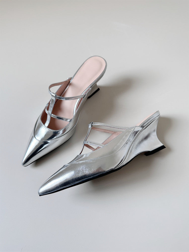 Simple off-white pointed toe high wedge sandals