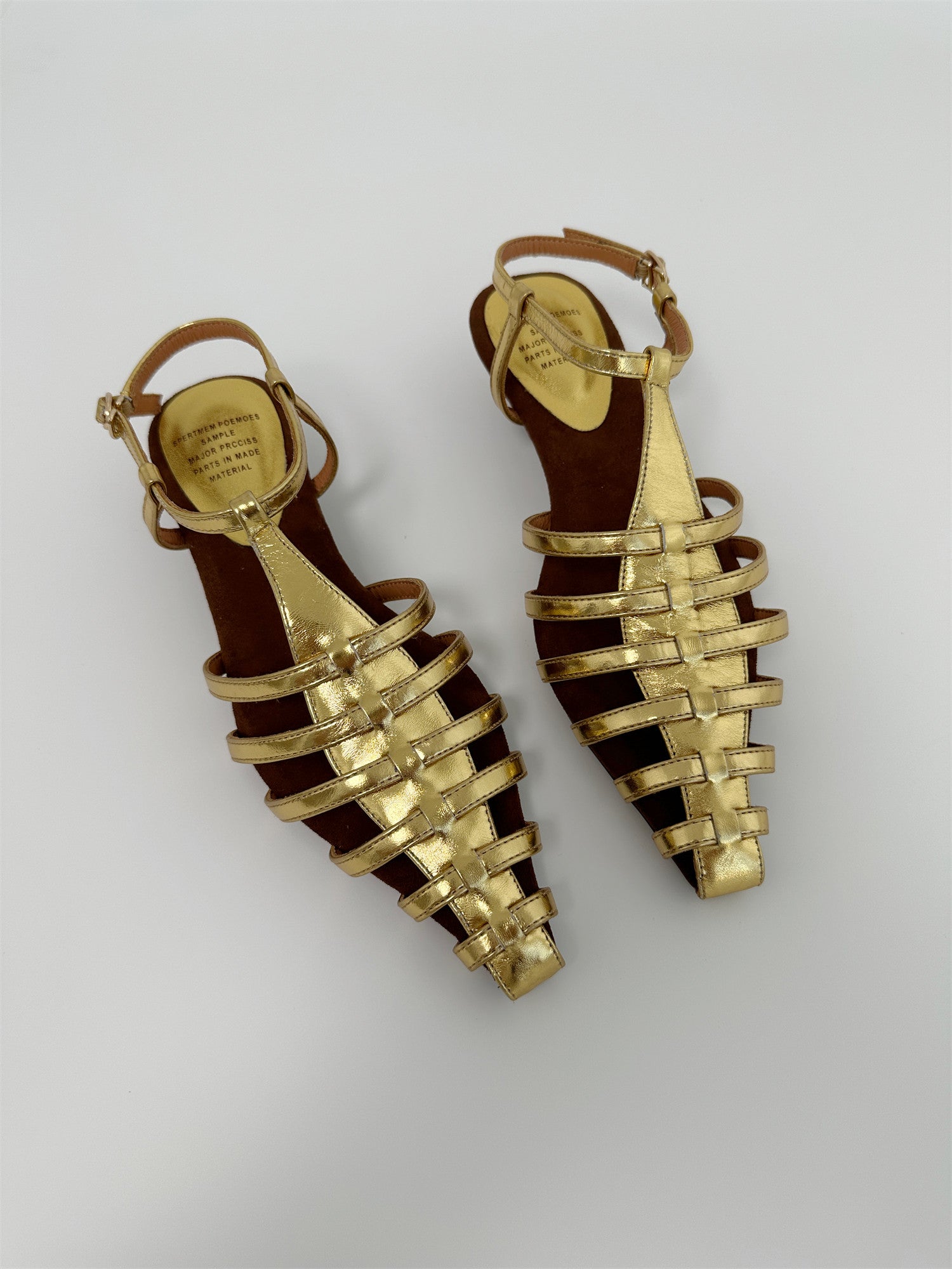 Gold mid wedge heel pointed toe sandals