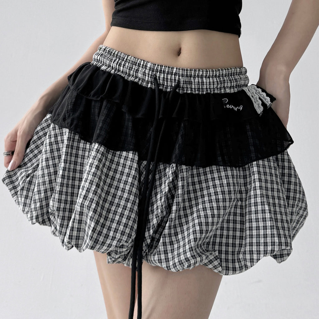 Bubble black and white skirt women's puffy pleated skirt