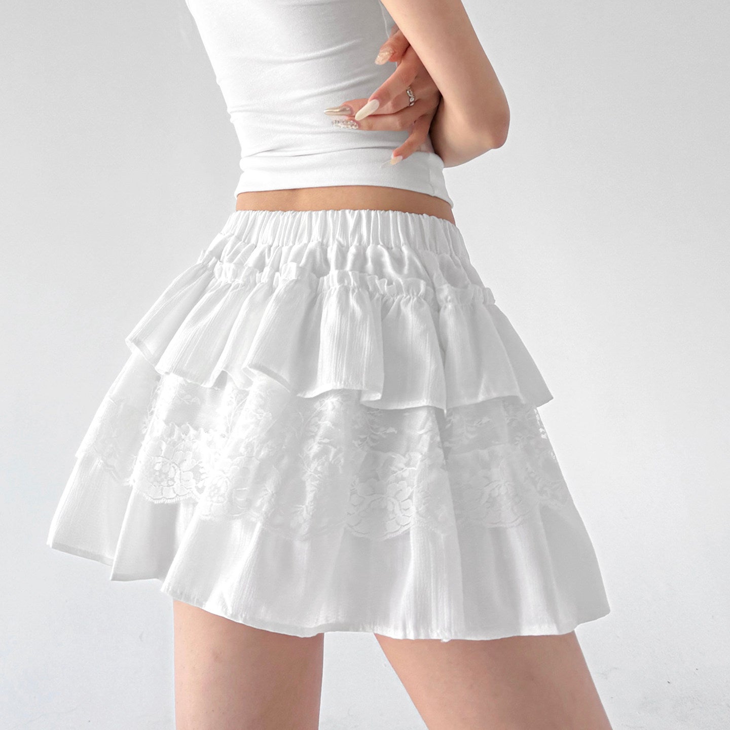 White lace skirt women's ballet-style elastic puffy skirt