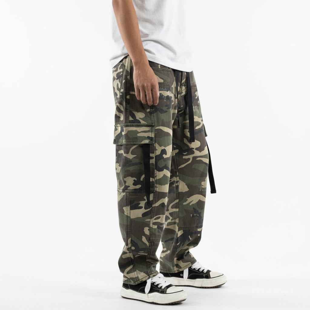 Fleece camouflage cargo men pants distressed trouser