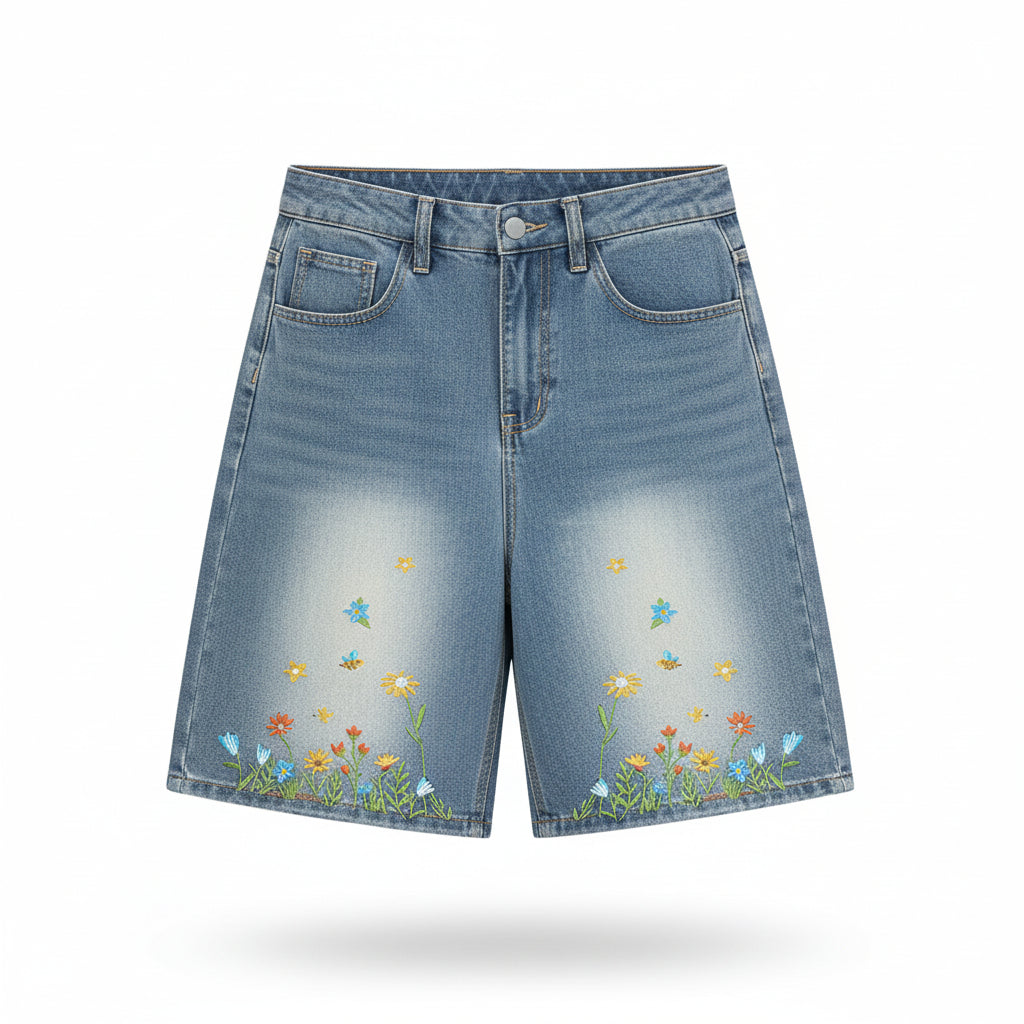 Flower unisex vintage embroidered denim shorts loose casual jeans