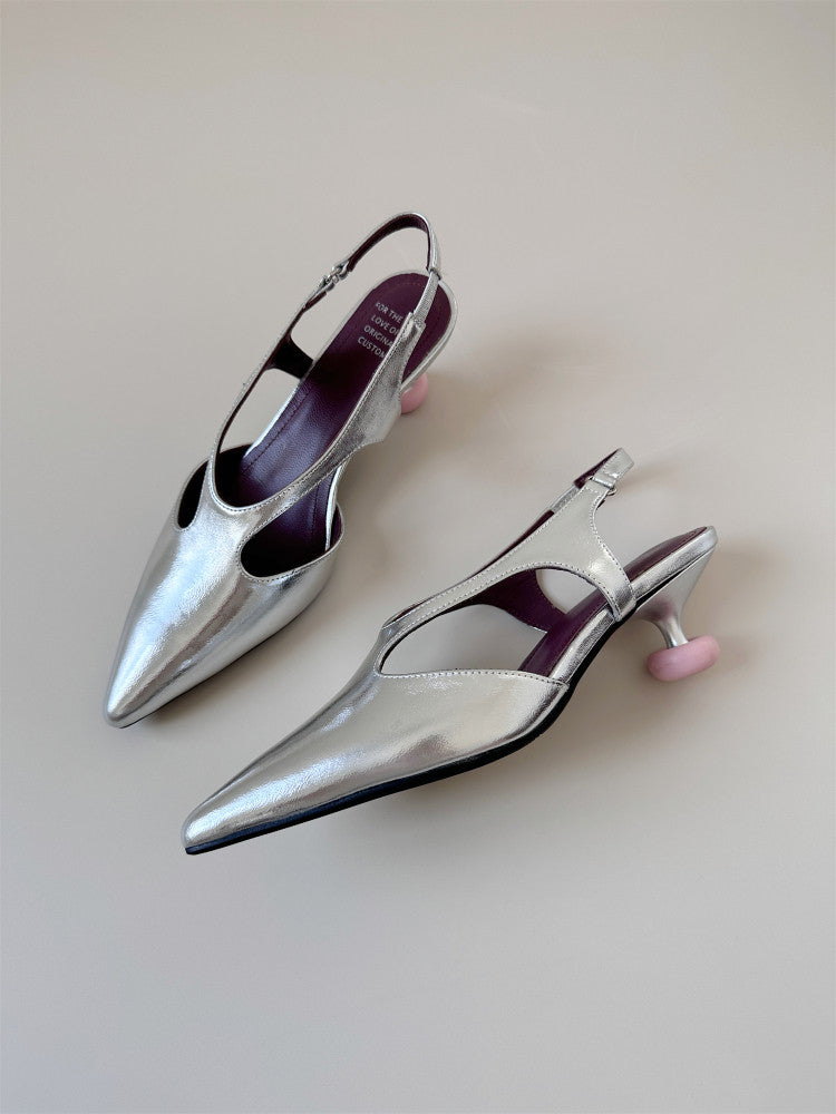 Silver mid heel toe sandals women's summer pointed toe shoes
