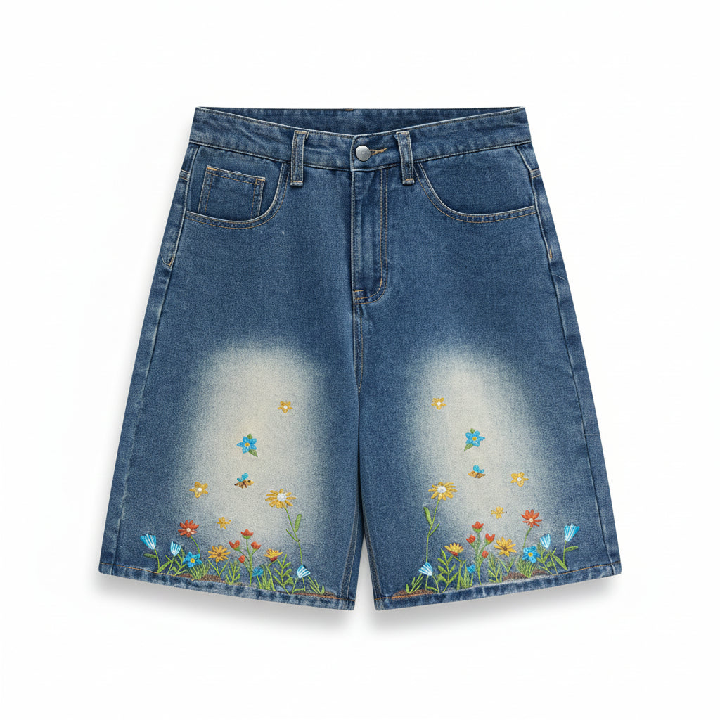 Flower unisex vintage embroidered denim shorts loose casual jeans