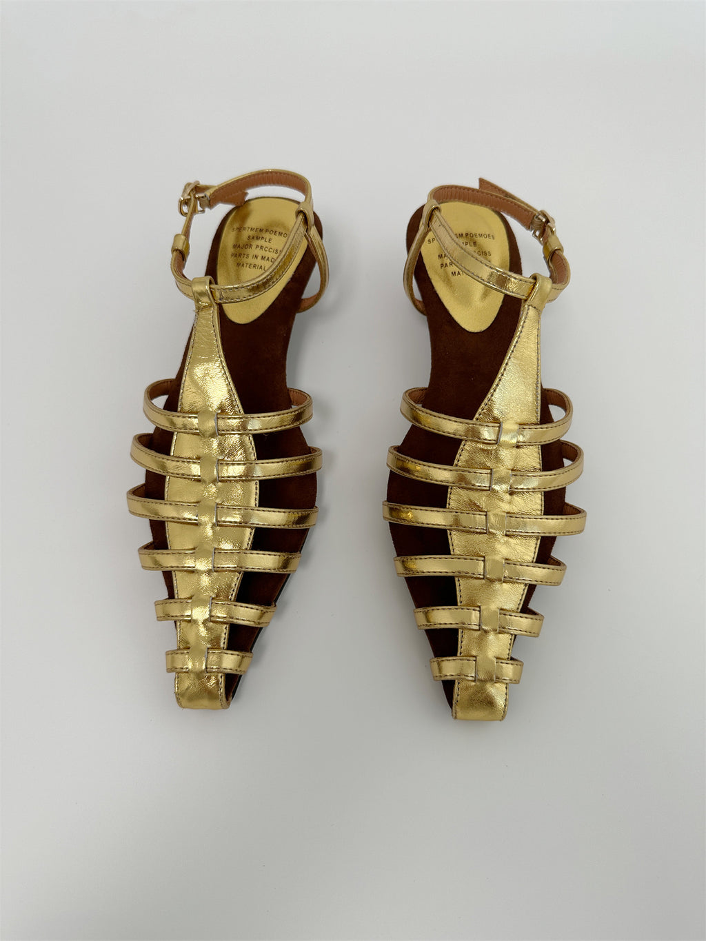 Gold mid wedge heel pointed toe sandals