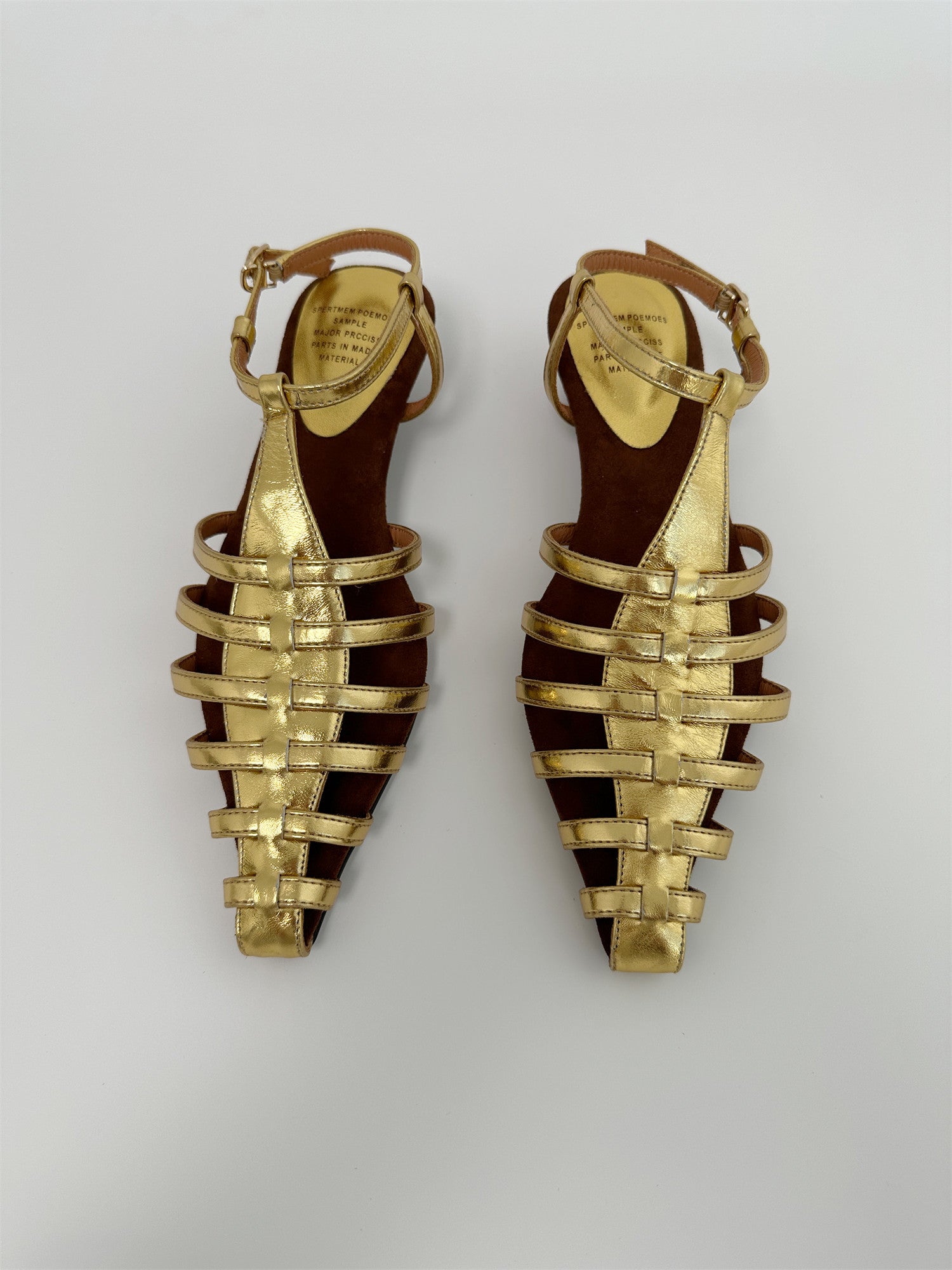 Gold mid wedge heel pointed toe sandals