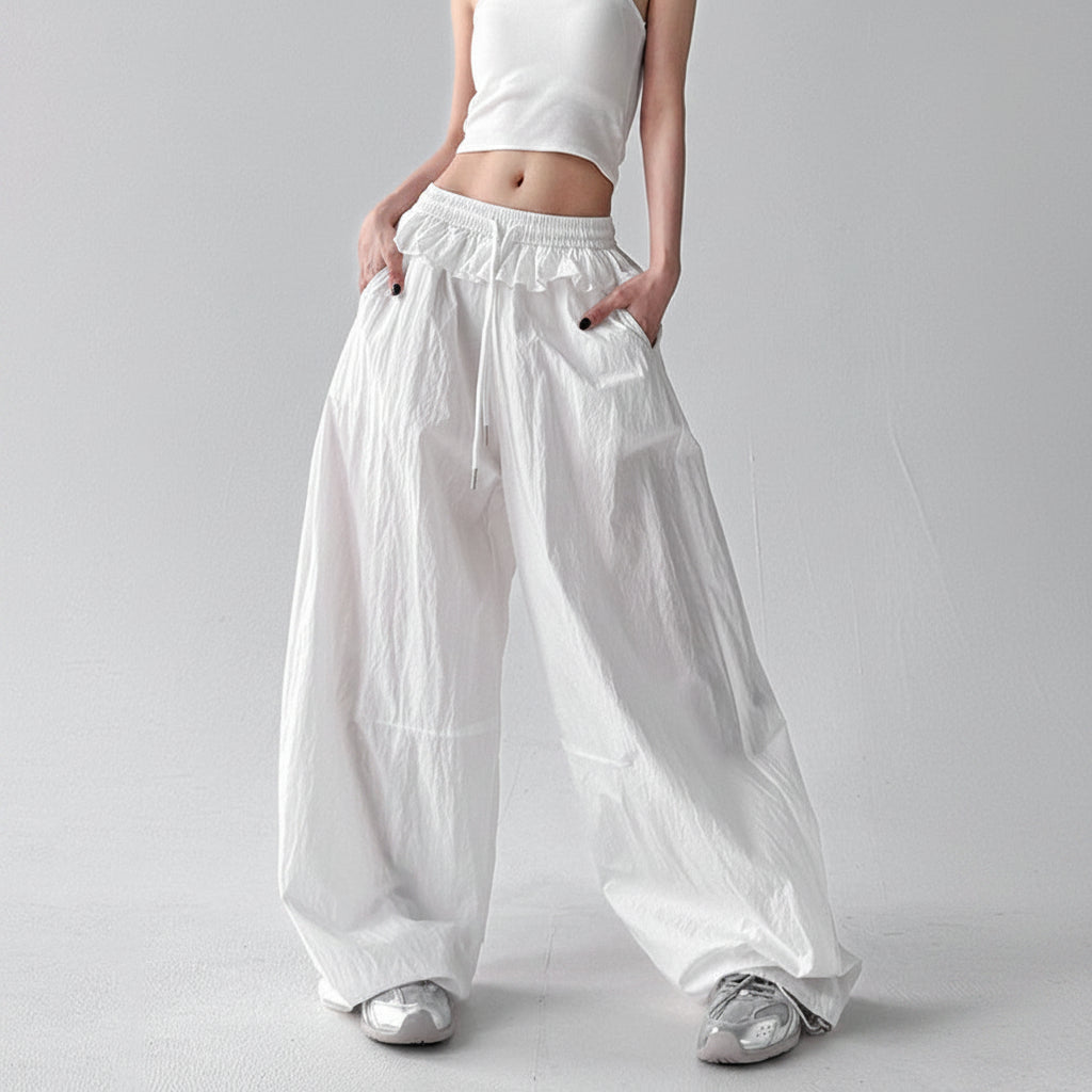 Ruffled drawstring lace-up wide-leg woman trousers