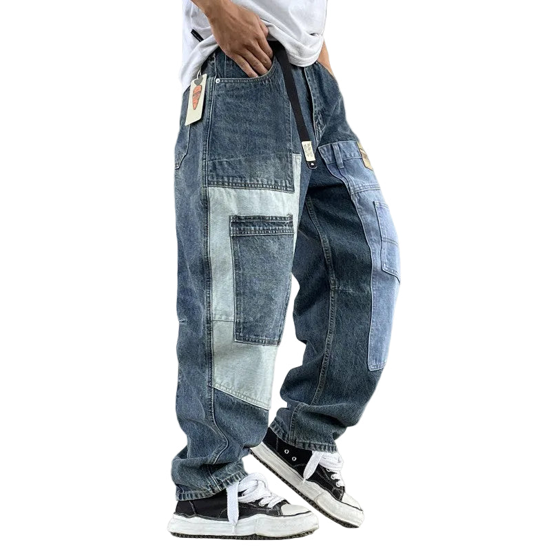Patch panelled tapered jeans men's loose pants
