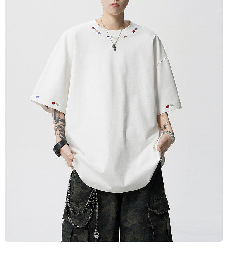 Hip-hop embroidery crew neck short-sleeved T-shirt men's half-sleeved tee