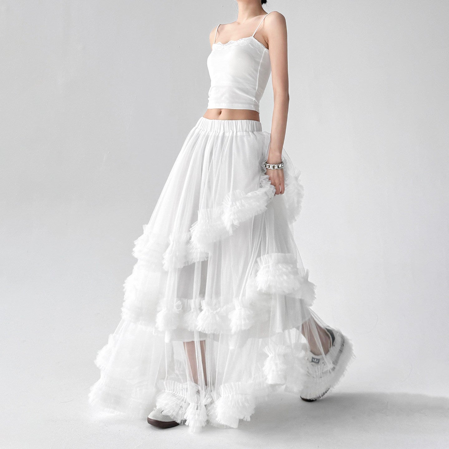 Mesh skirt female high waist multi-layered ruffled long skirt