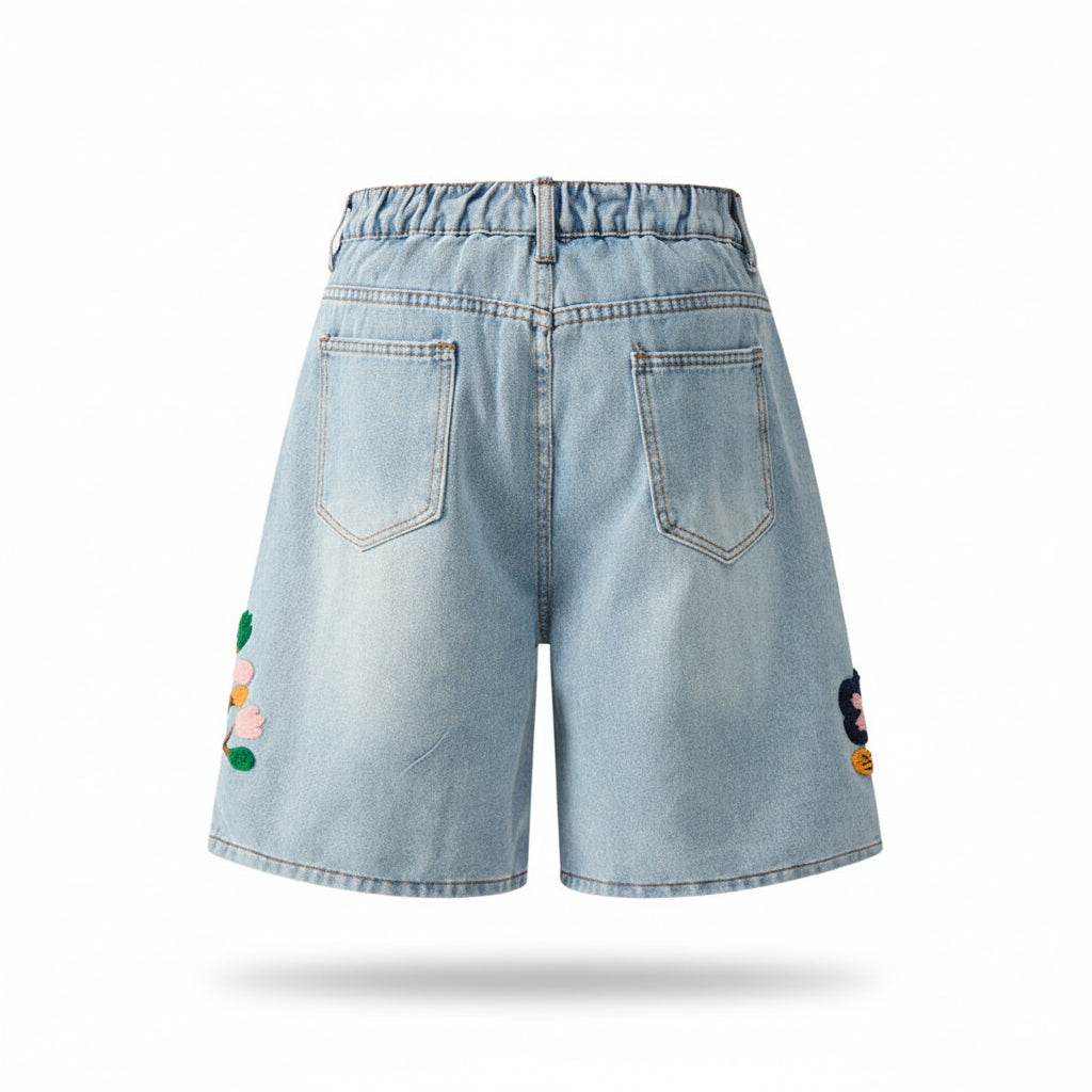 Floral embroidery denim midi pants for men and women summer casual trousers