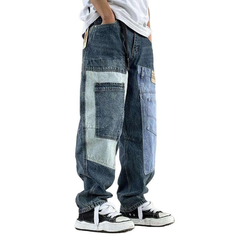 Patch panelled tapered jeans men's loose pants