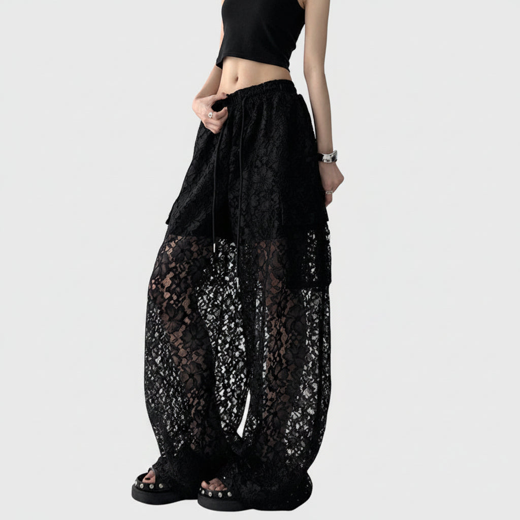 Black Slacks Women's Hollow Lace Straight Wide-leg Pants