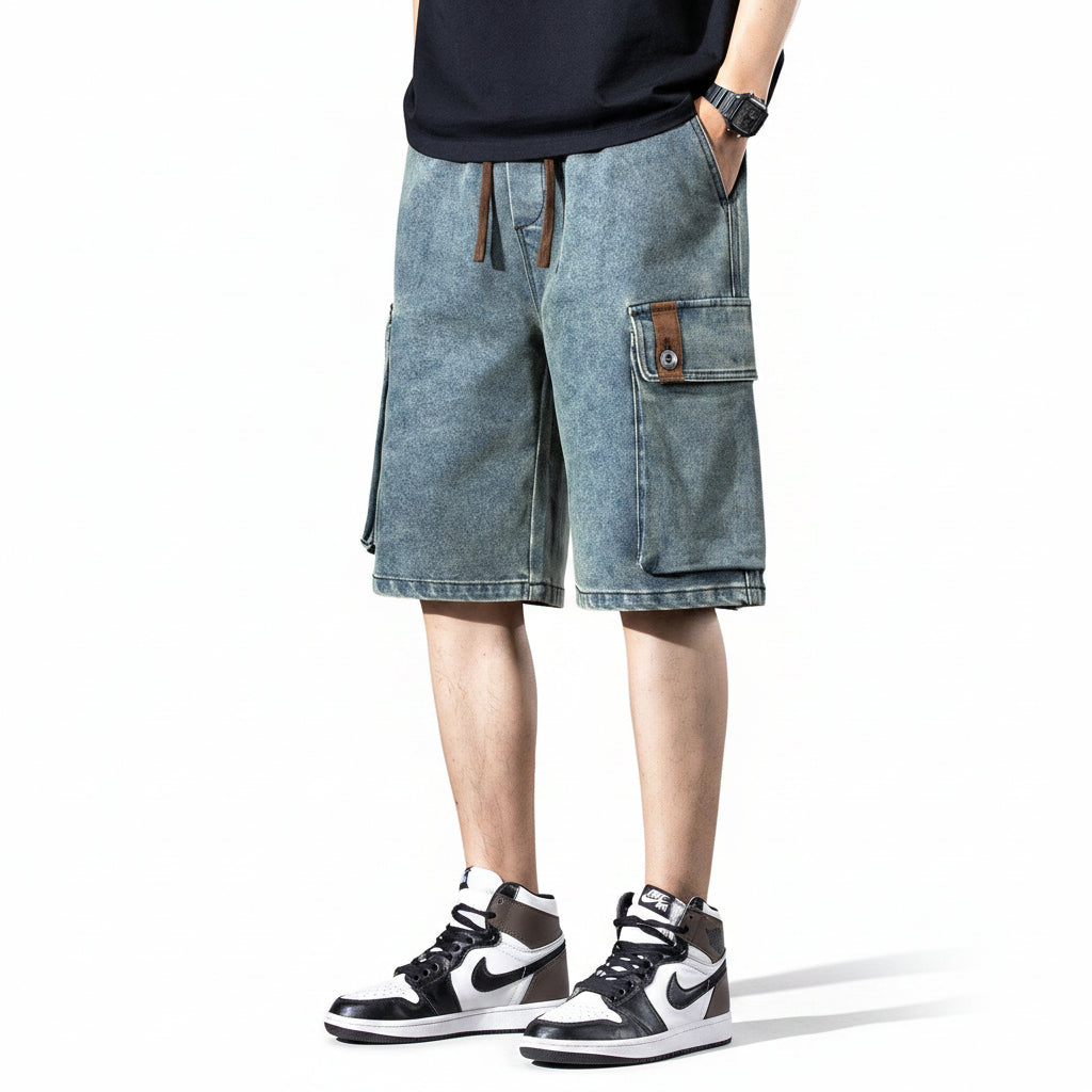 Short denim cargo men's outer pants summer multi-pocket trousers