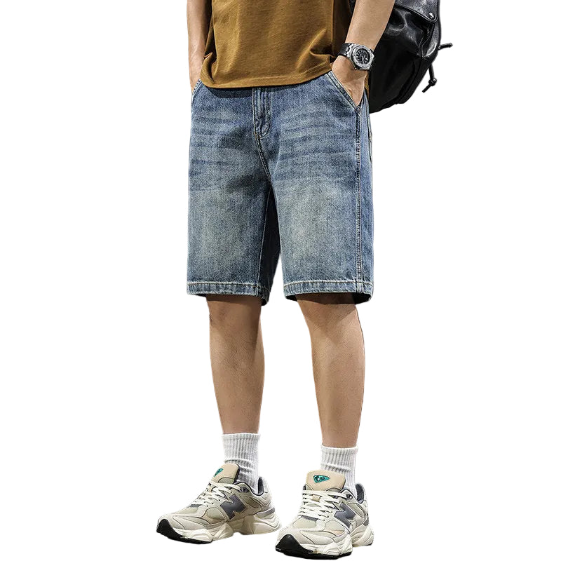 Summer new retro simple casual denim shorts men's American trend loose straight washed five-point mid pants