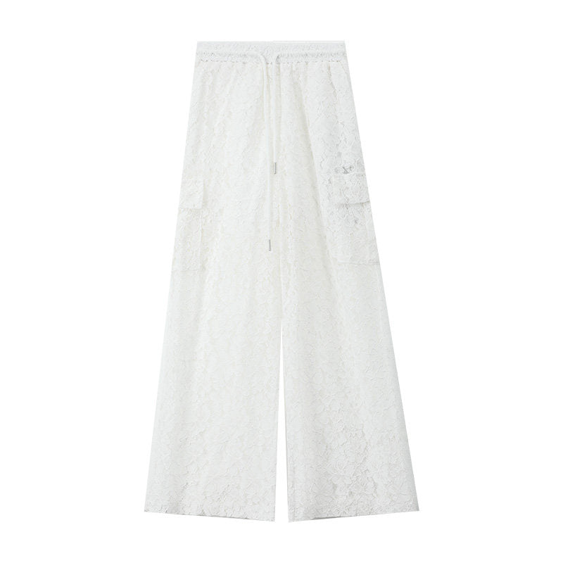Black Slacks Women's Hollow Lace Straight Wide-leg Pants