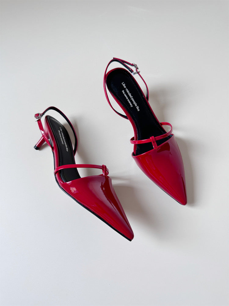 Red leather heel sandals summer pointed toe shoes