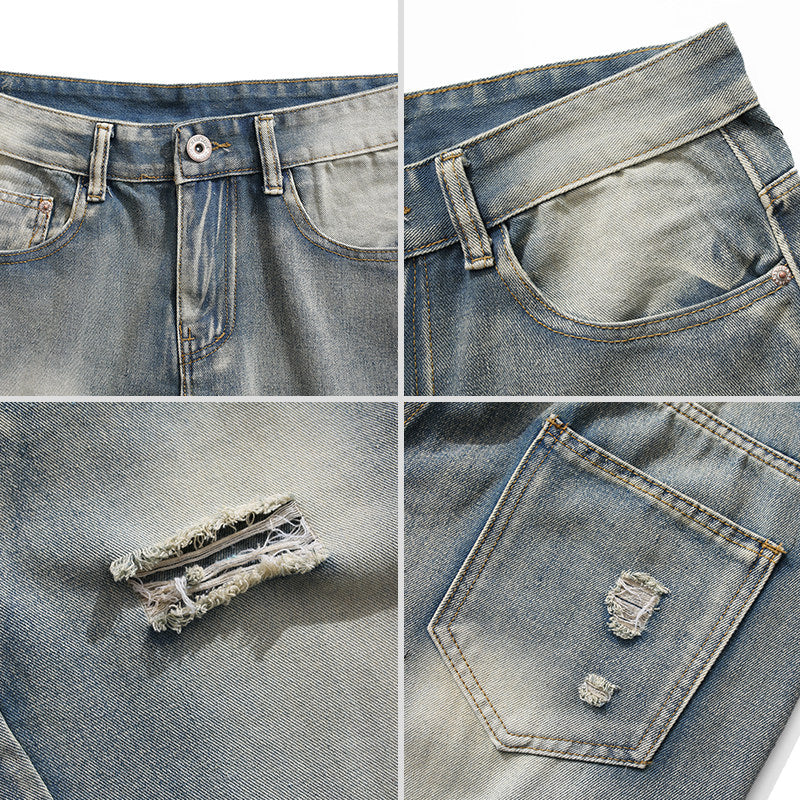 Raw edge ripped denim shorts men's trouser