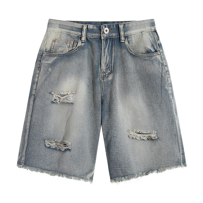 Raw edge ripped denim shorts men's trouser