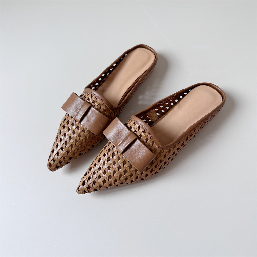 Woven leather flat half-slip sandals