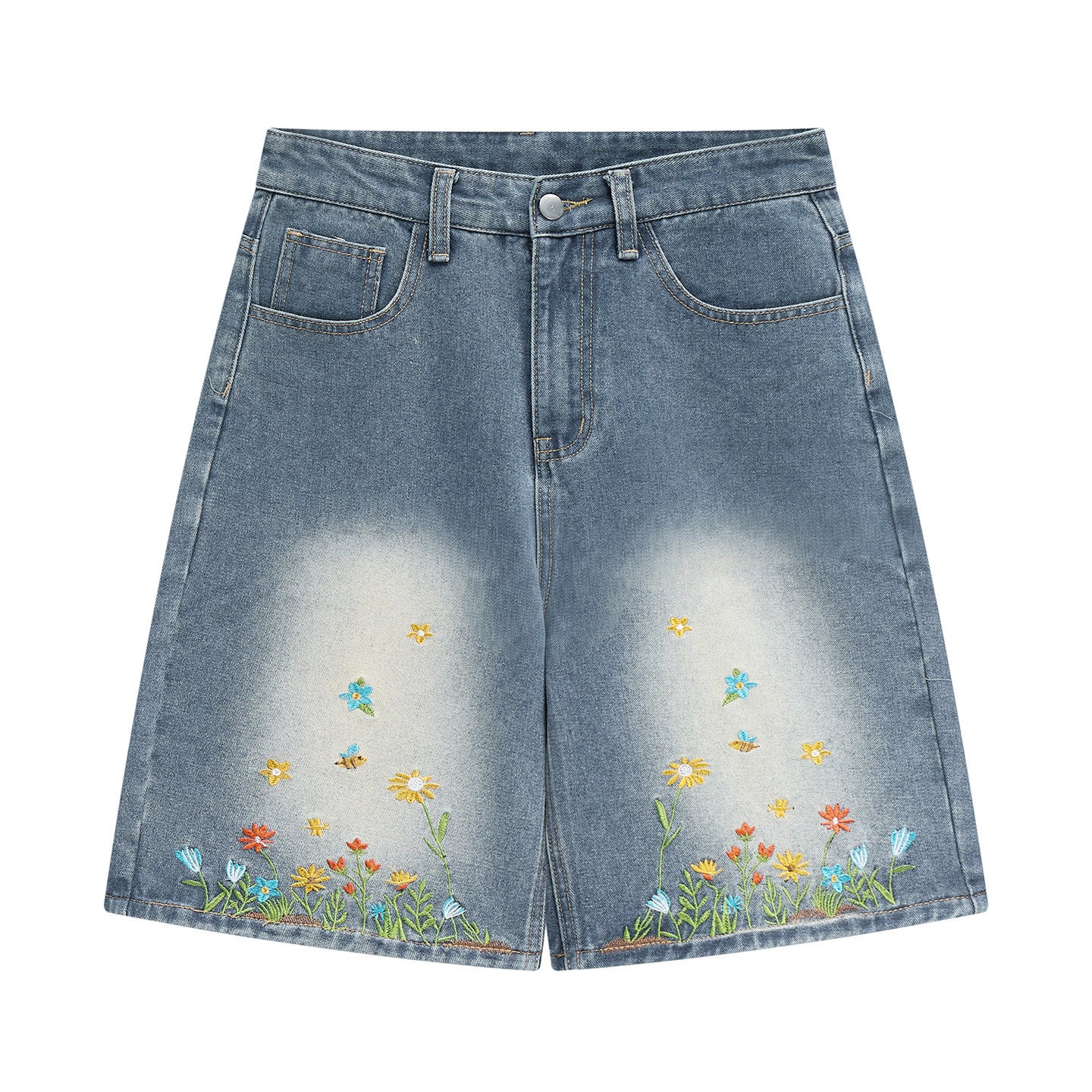 Flower unisex vintage embroidered denim shorts loose casual jeans