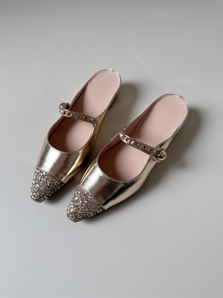 Gold sequin leather mid-heel wedge half-slipped sandals